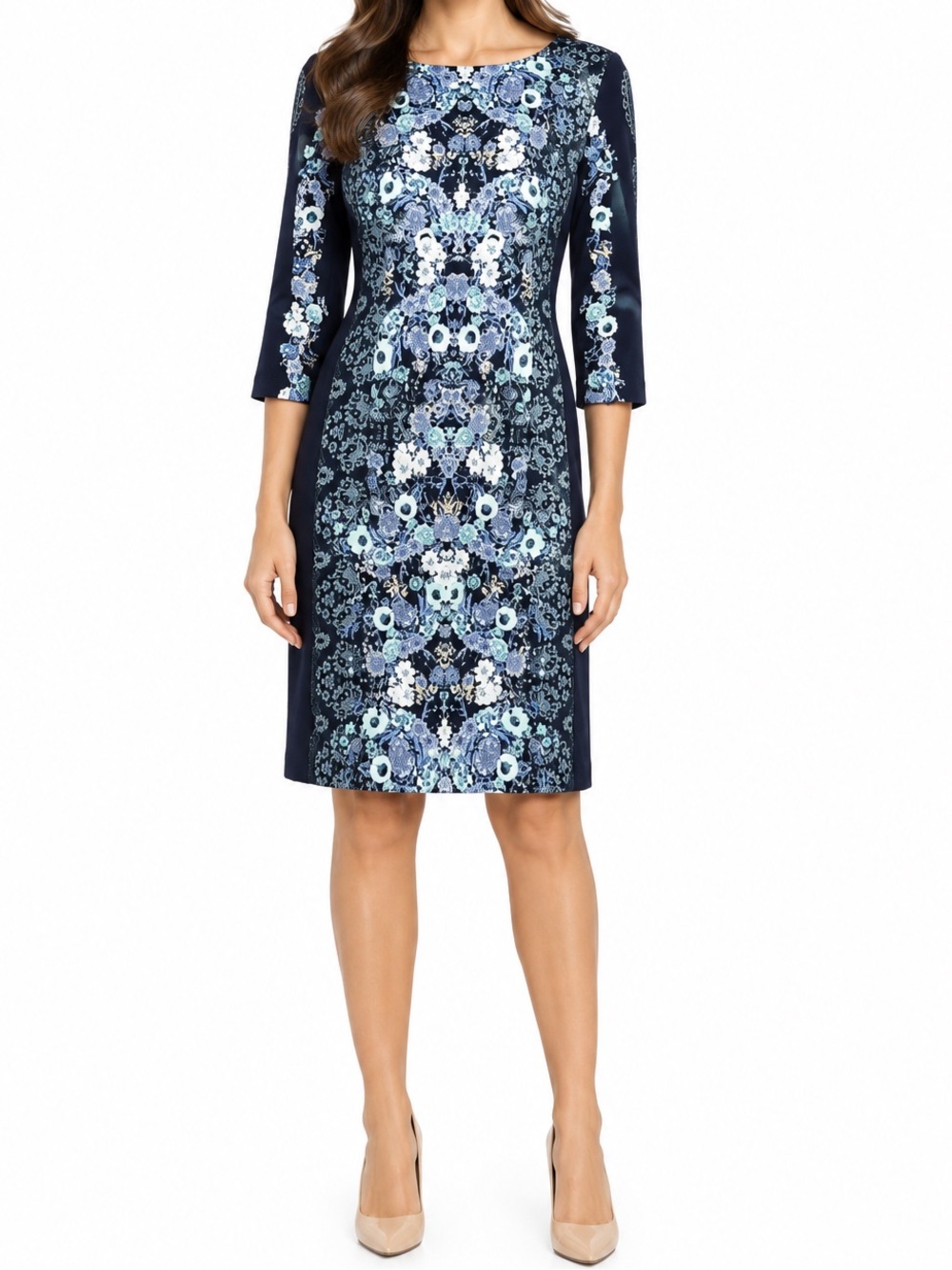 ANTONIO MELANI Blue and black Scuba Sheath Dress 3/4 Sleeve Crew Neck 6